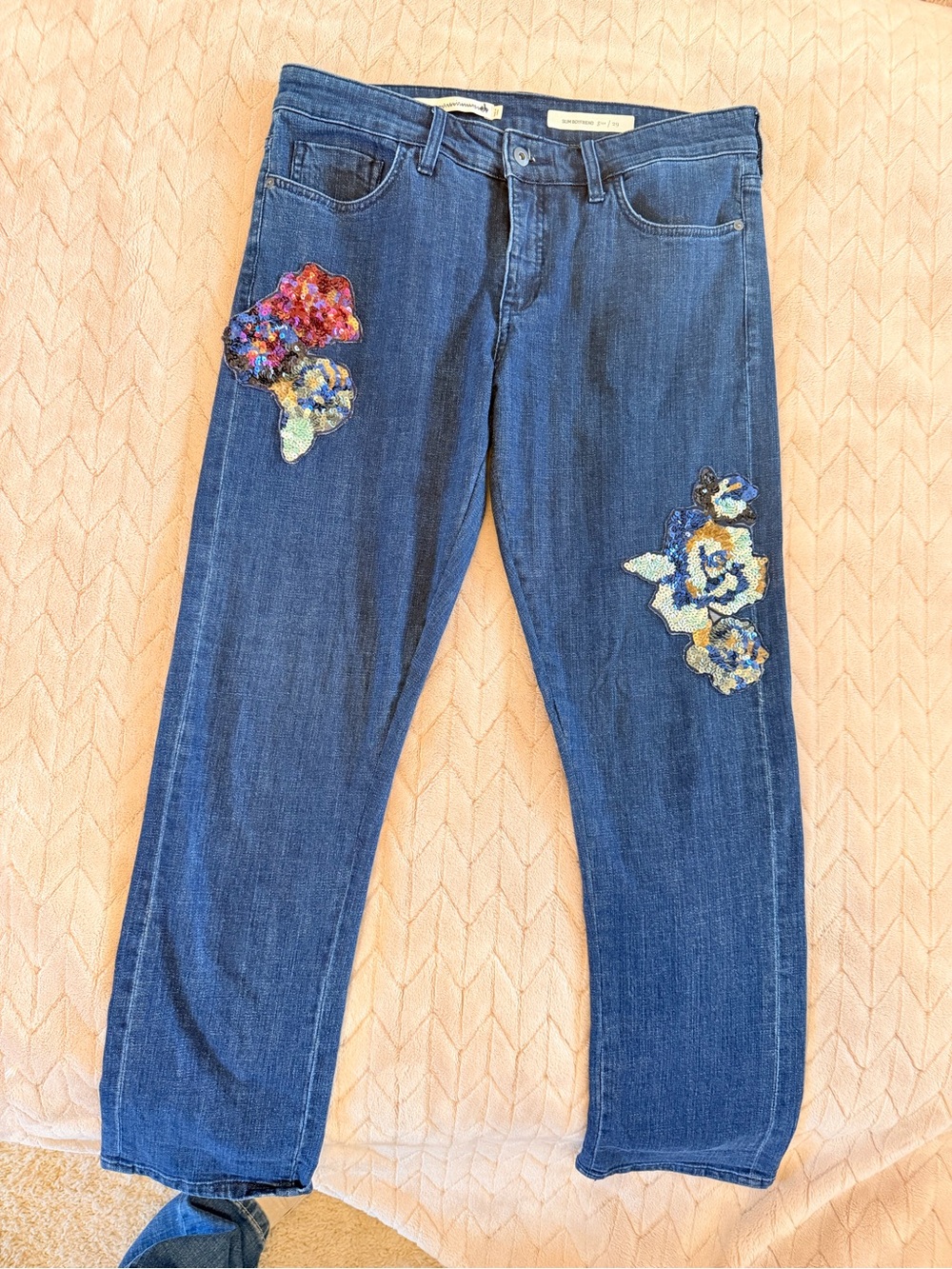 Pilcro and the Letterpress Dark Blue Slim Boyfriend Jeans with Floral Embroidery
